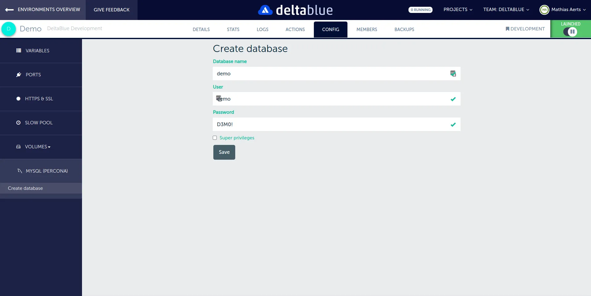 Create database and user